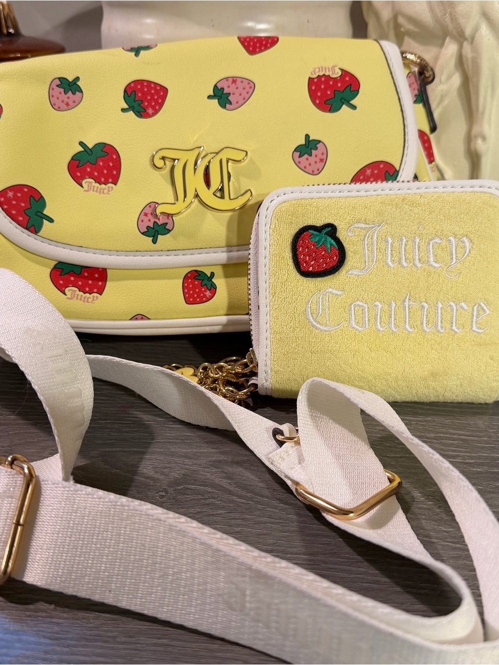 Juicy Couture Yellow Strawberry Print Crossbody Bag with Matching Wallet
